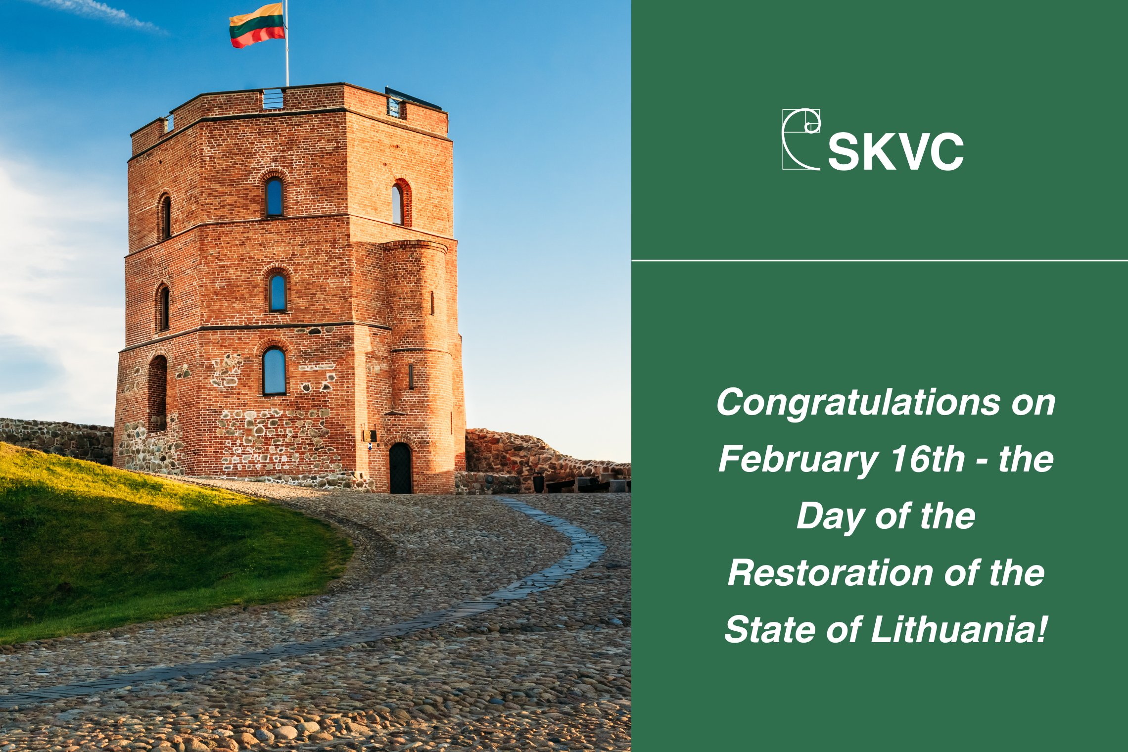 Gediminas Tower with the Lithuanian flag flying above.