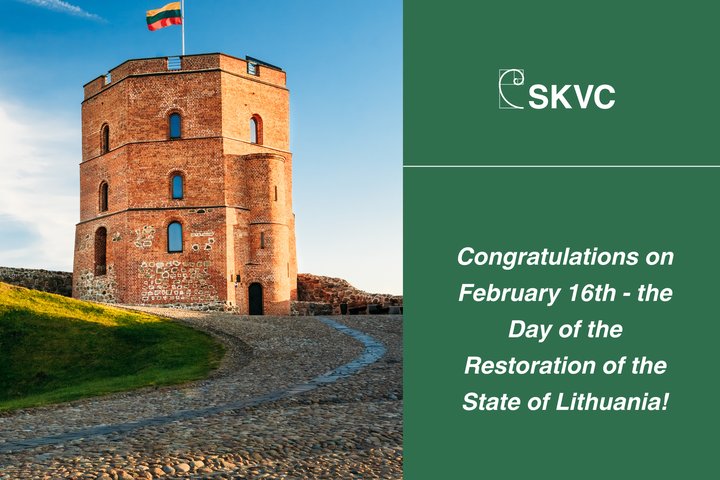 Gediminas Tower with the Lithuanian flag flying above.