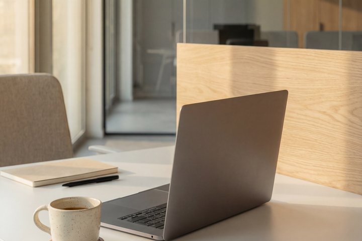 LT: Šiuolaikiškas biuro stalas su atidarytu nešiojamuoju kompiuteriu, kavos puodeliu ir užrašine šalia medinės pertvaros.  EN: Modern office desk with an open laptop, coffee mug, and notebook beside a wooden partition.