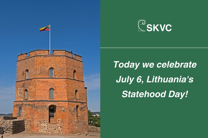 Gediminas Castle Tower in Vilnius – an octagonal red brick tower with the Lithuanian flag on top, set against a blue sky.